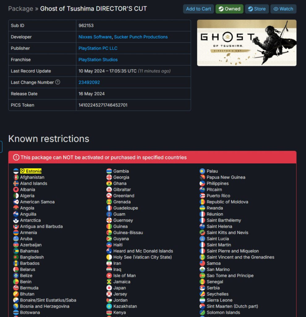 Ghost of Tsushima : Director's Cut (PC) délisté dans plus de 170 pays
