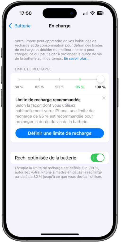 iOS 18 recommande une limite de recharge selon votre usage d'iPhone