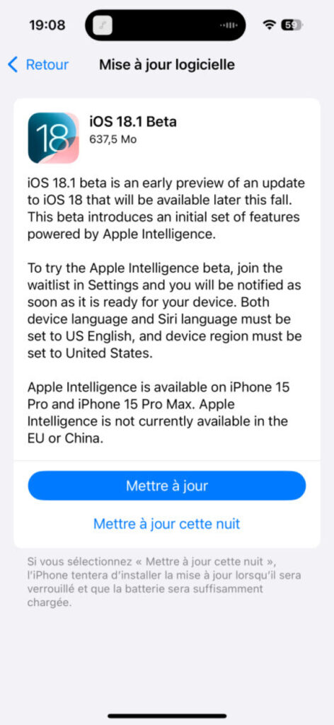 bêta d'ios 18.1 et macos 15.1 avec apple intelligence