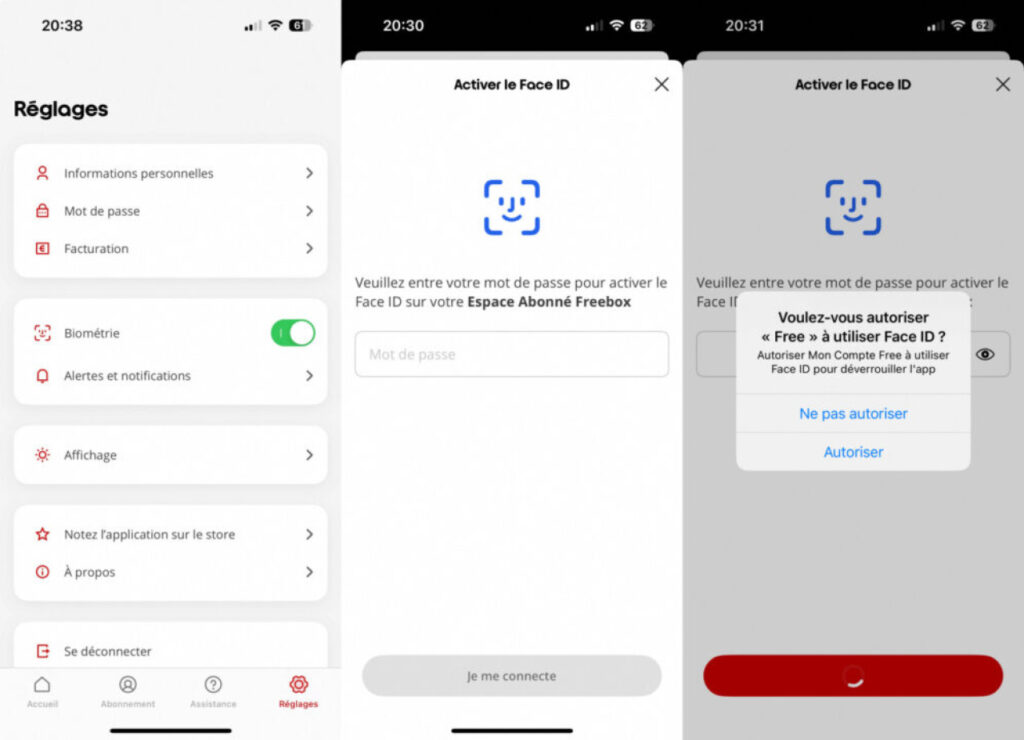 Mise à jour de l'app Free : Face ID et Touch ID ajoutés