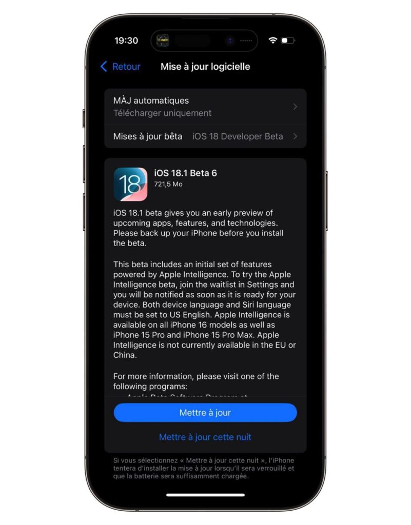 Disponibilité des bêtas ios 18.1 et ipados 18.1 pour développeurs
