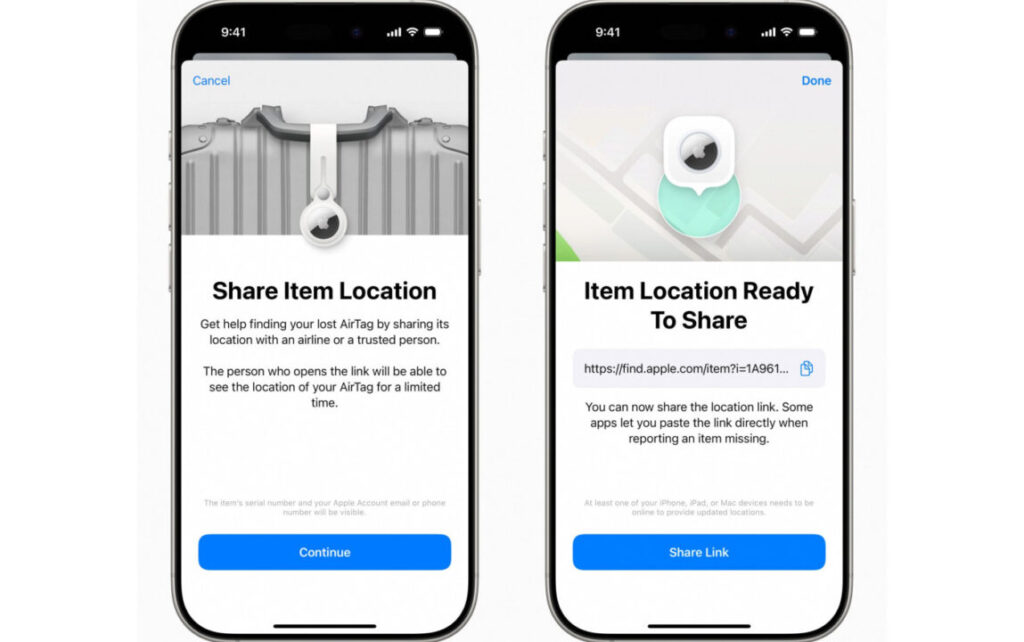 Partage de localisation des airtags avec les compagnies aériennes dans ios 18.2