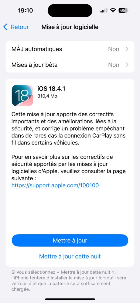 Mise à jour ios 18.4.1 corrige des problèmes avec carplay
