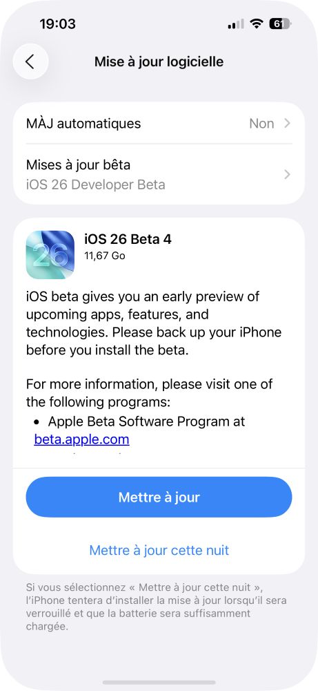 Bêta 4 pour ios 26 et autres systèmes apple