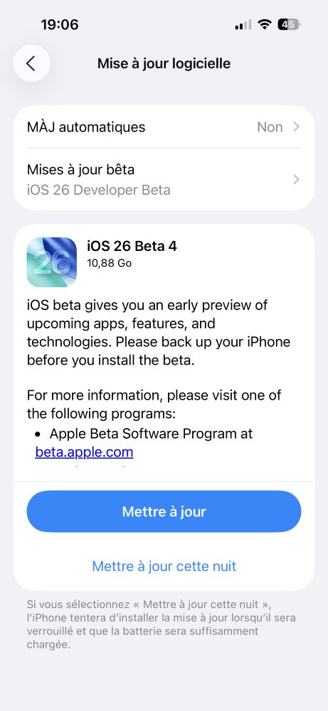 Apple révise la bêta 4 d'ios 26 pour les développeurs