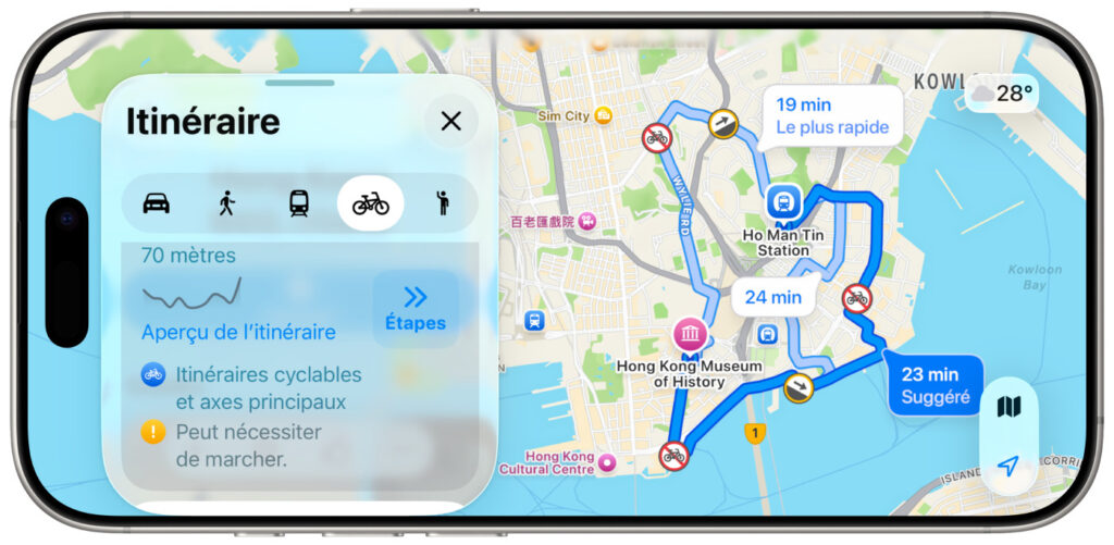 Apple plans ajoute des itinéraires à vélo à hong kong et taïwan