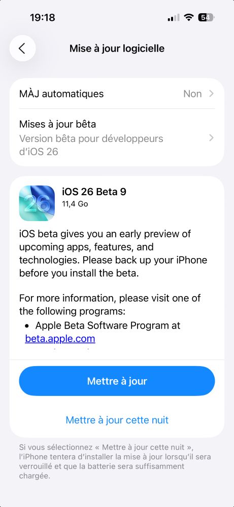 Bêta 9 d'ios 26 et autres systèmes apple disponible pour développeurs