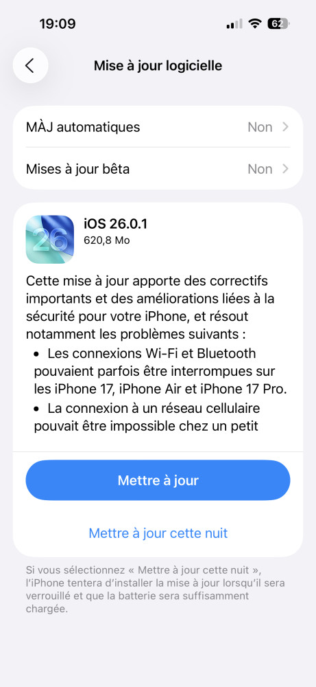 Ios 26.0.1 corrige des bugs sur iphone