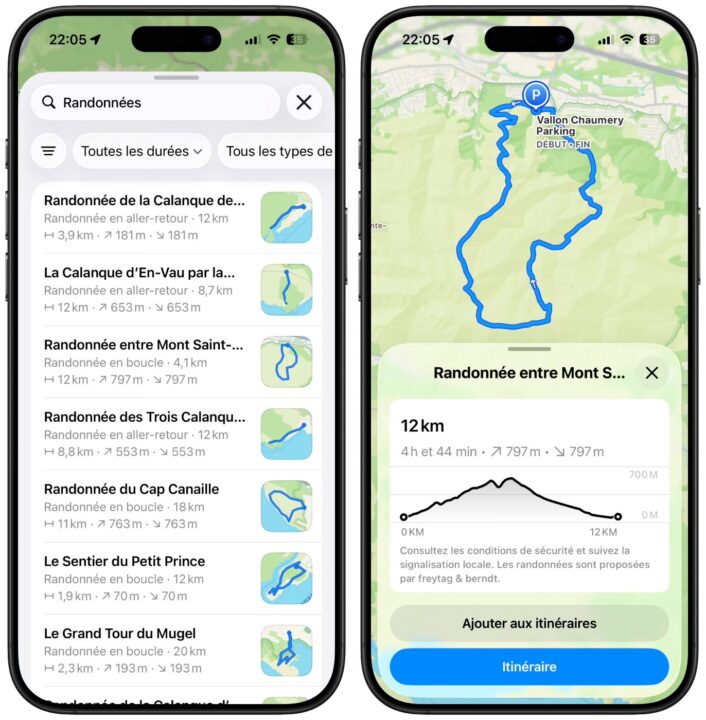 Apple plans ajoute des itinéraires de randonnée en france