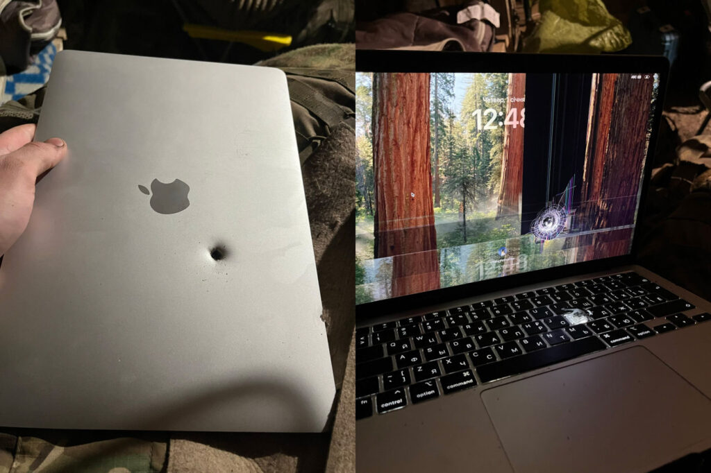 Un macbook air m1 transpercé par un obus continue de fonctionner