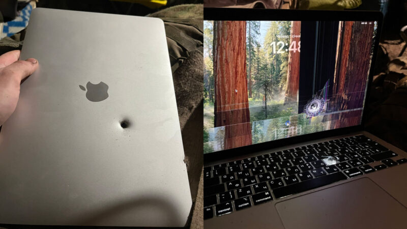 Un macbook air m1 transpercé par un obus continue de fonctionner