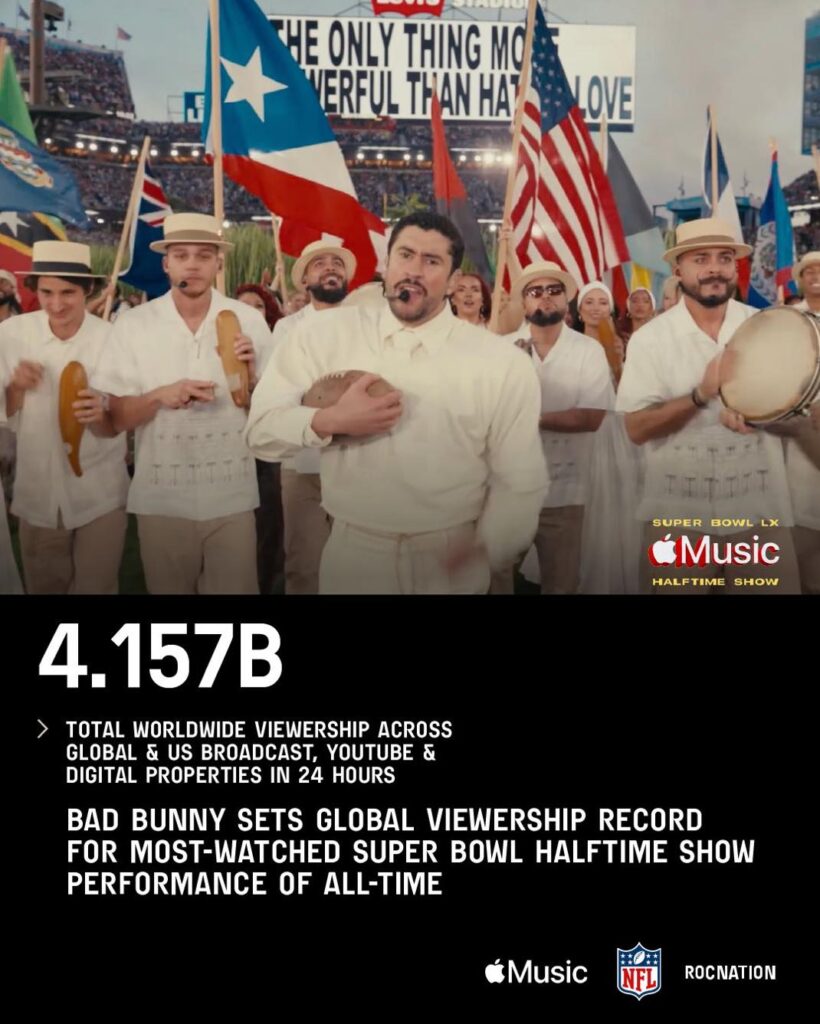 Bad bunny établit un record historique avec 4,1 milliards de vues au super bowl