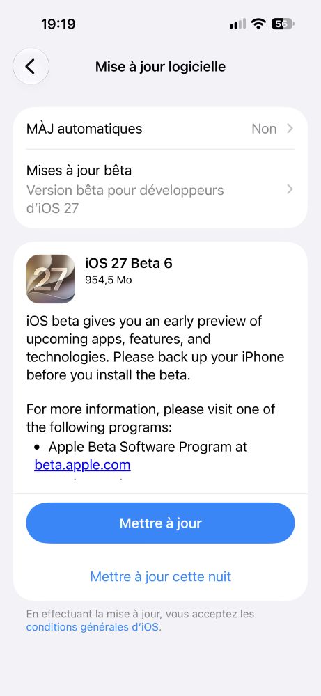 Apple lance la bêta 6 d'ios 27 pour développeurs