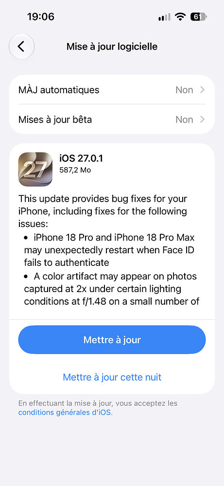 Mise à jour ios 27.0.1 corrige des bugs sur iphone et ipad