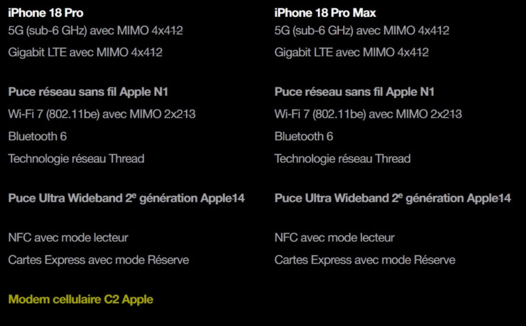 Apple dévoile son modem C2 pour iPhone 18 Pro mais l'absence sur Pro Max interroge